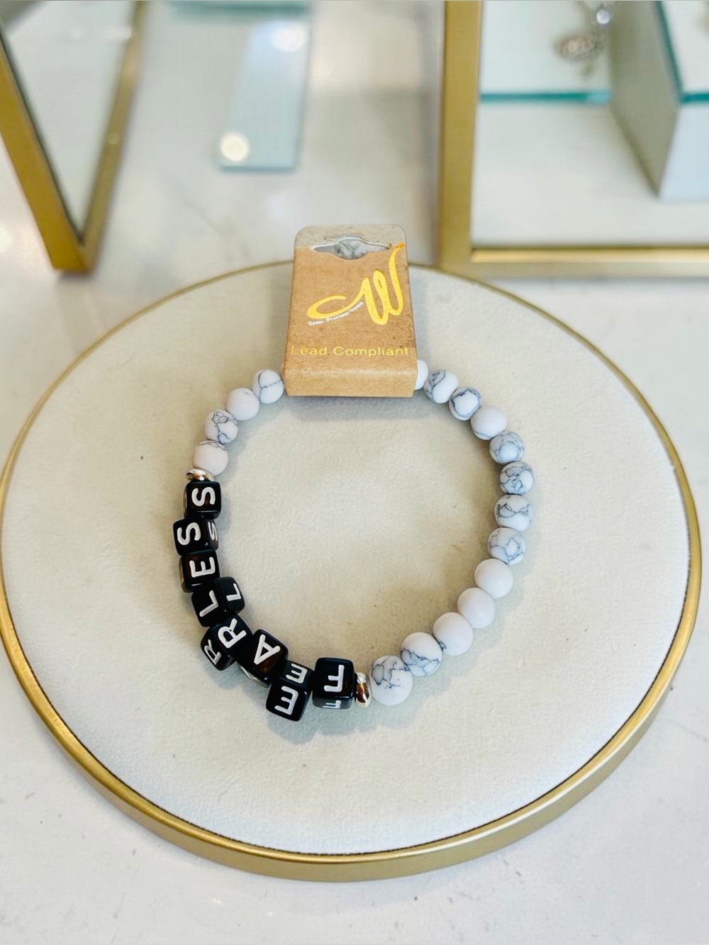 Fearless Black & White Marbled Beaded Stretch Bracelet (Inspirational/NWT)